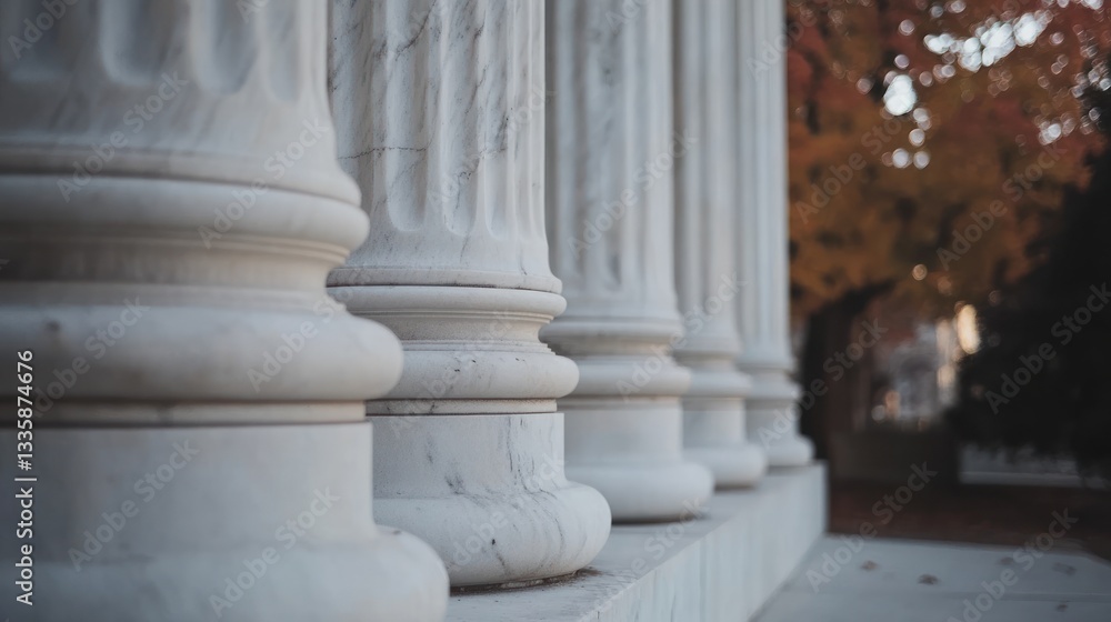 White Columns in Autumn, Park Background, Architectural Detail White Columns in Autumn, Park Background, Architectural Detail