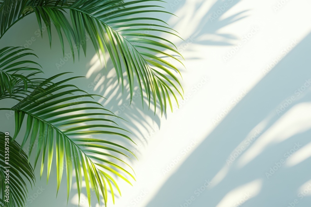 Fototapeta premium Lush green palm fronds against a white wall cast dramatic shadows. Perfect for summer, tropical, or nature-themed designs.