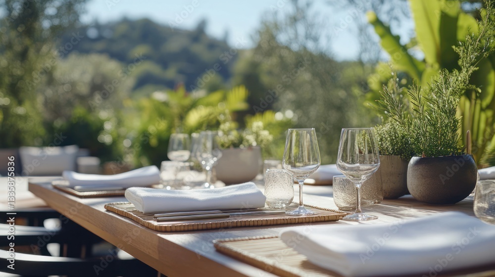 Fototapeta premium Outdoor dining table, sunny patio, elegant setting