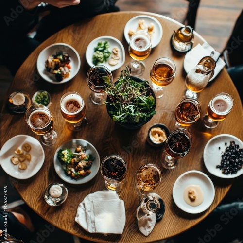 A top-down shot of a round table filled with beer glasses and small appetizer plates