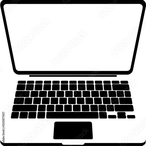 The image is a black-and-white icon of a laptop computer. It features a screen, keyboard, and trackpad in a simple, minimalistic design.