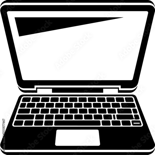 The image is a black-and-white icon of a laptop computer. It features a screen, keyboard, and trackpad in a simple, minimalistic design.