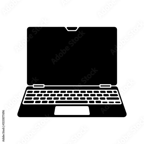 The image is a black-and-white icon of a laptop computer. It features a screen, keyboard, and trackpad in a simple, minimalistic design.