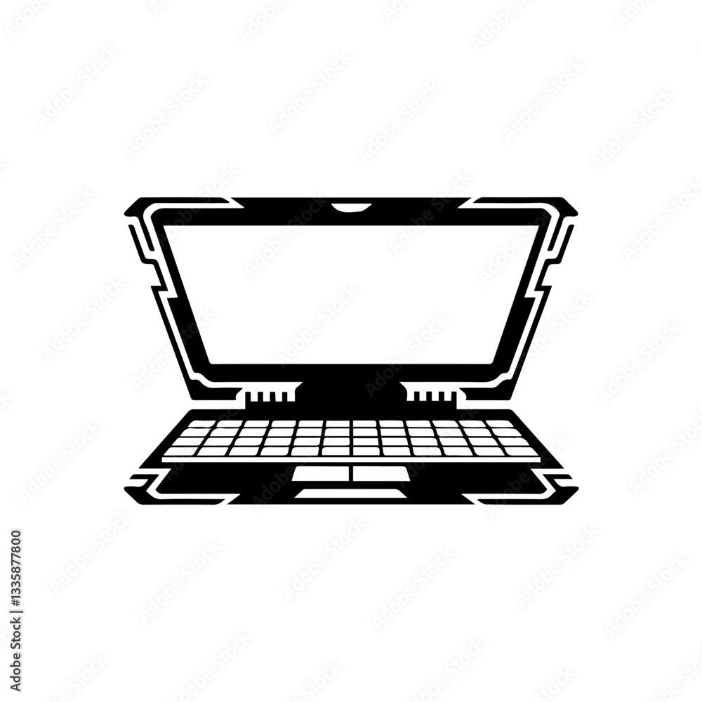 The image is a black-and-white icon of a laptop computer. It features a screen, keyboard, and trackpad in a simple, minimalistic design. The image is a black-and-white icon of a laptop computer. It features a screen, keyboard, and trackpad in a simple, minimalistic design.