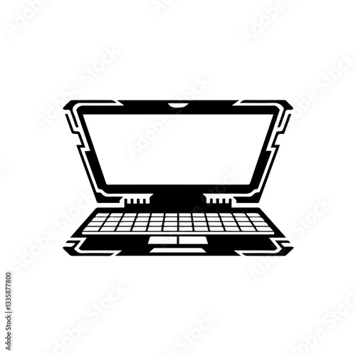 The image is a black-and-white icon of a laptop computer. It features a screen, keyboard, and trackpad in a simple, minimalistic design.