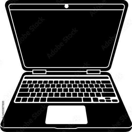 The image is a black-and-white icon of a laptop computer. It features a screen, keyboard, and trackpad in a simple, minimalistic design.