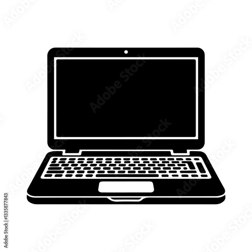 The image is a black-and-white icon of a laptop computer. It features a screen, keyboard, and trackpad in a simple, minimalistic design.