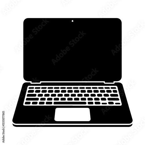 The image is a black-and-white icon of a laptop computer. It features a screen, keyboard, and trackpad in a simple, minimalistic design.