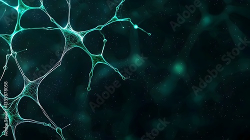 The image shows a stylized representation of neurons or a neural network, glowing teal against a dark, space-like background speckled with tiny lights. photo