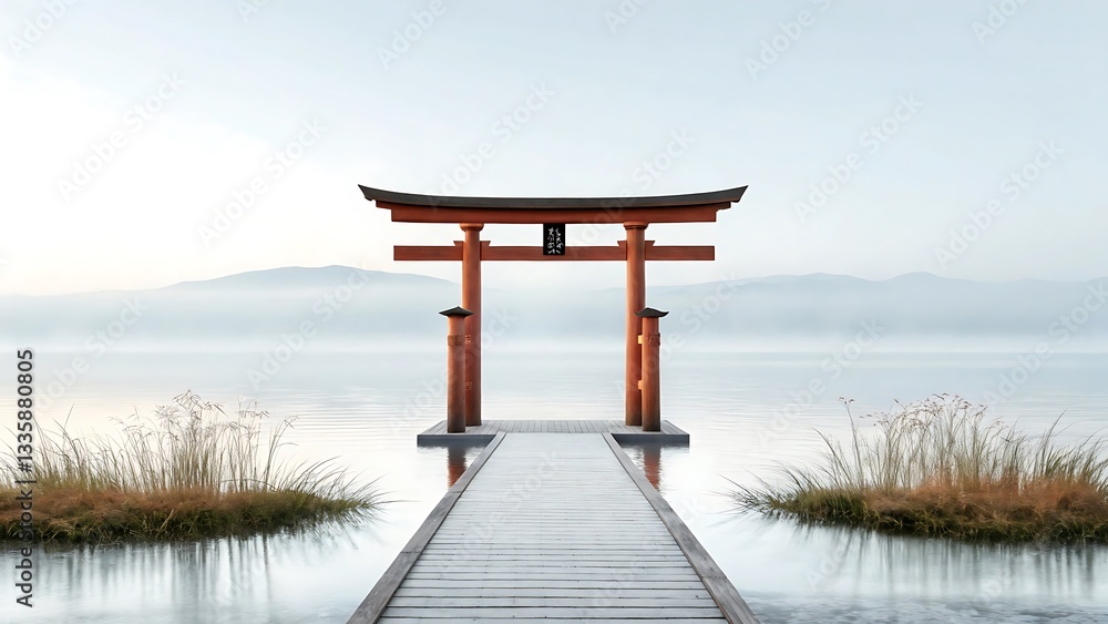Serene Wooden Torii Gate on Calm Lake at Dawn, Misty Mountain Background Serene Wooden Torii Gate on Calm Lake at Dawn, Misty Mountain Background