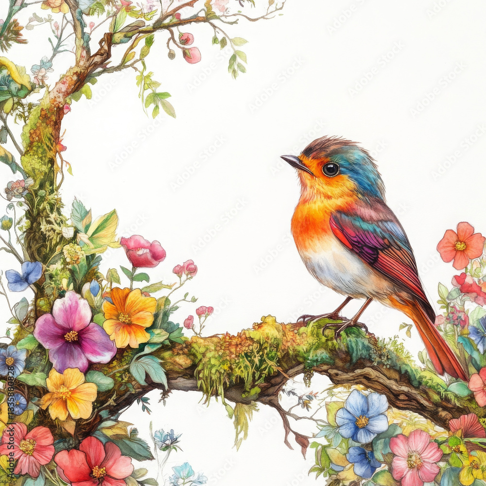 whimsical bird perched on mossy branch surrounded by colorful flowers whimsical bird perched on mossy branch surrounded by colorful flowers