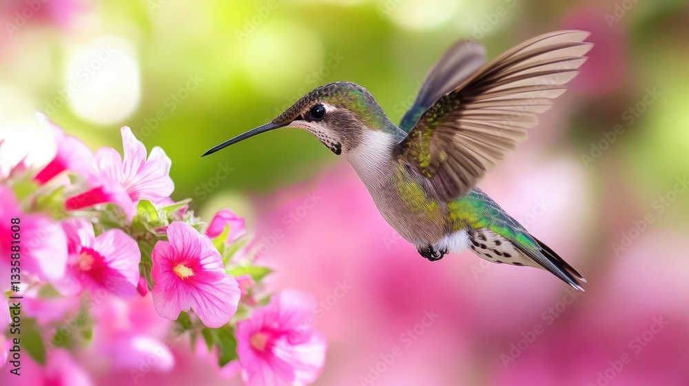 Hummingbird in flight feeding on pink flowers Hummingbird in flight feeding on pink flowers