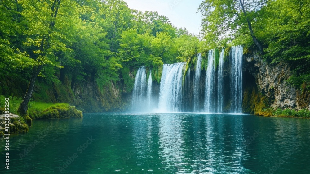 Naklejka premium Serene Waterfall Cascading into Emerald Pool: Lush Green Forest Paradise
