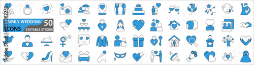 Family Wedding icons set. Vector wedding symbols and signs on white background. Set icons about wedding party. editable stroke.