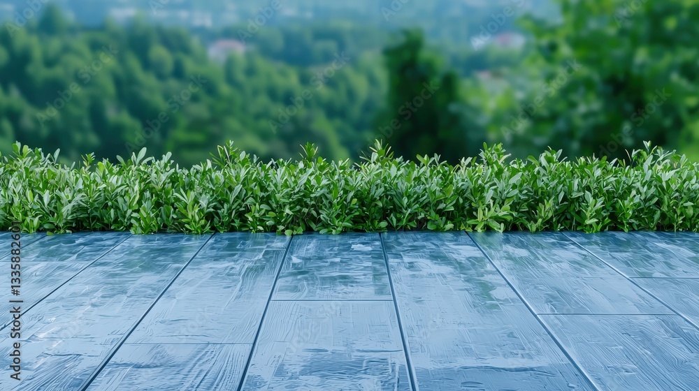 Serene table with a breathtaking view of a lush green forest surrounded by natural beauty Serene table with a breathtaking view of a lush green forest surrounded by natural beauty