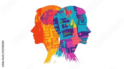 Abstract human heads, colorful, overlapping, diverse, mental health, background, art, design, illustration