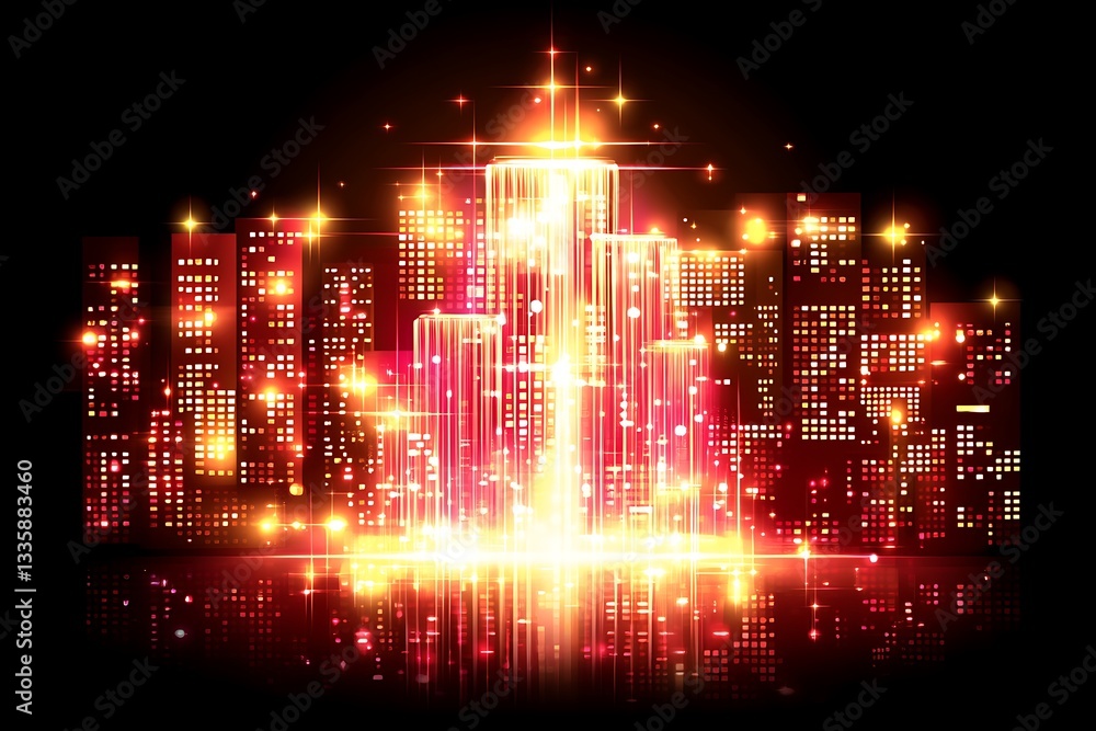 Fototapeta premium Abstract futuristic cityscape with sparkling lights and glow effects on dark background