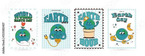 Retro groovy planet Earth character. Funky globe personage. World Environment day, Earth day, Earth hour vertical posters set. Vector illustration