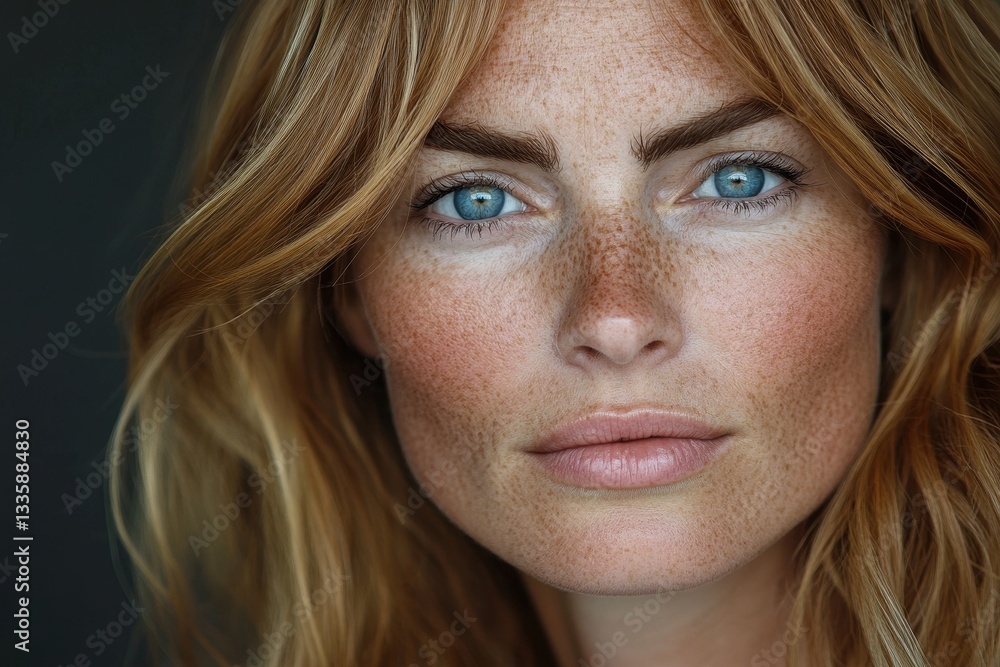 Close-up portrait of a freckled woman with blue eyes and wavy auburn hair. Ideal for beauty, fashion, or skincare advertising showcasing natural beauty. Close-up portrait of a freckled woman with blue eyes and wavy auburn hair. Ideal for beauty, fashion, or skincare advertising showcasing natural beauty.