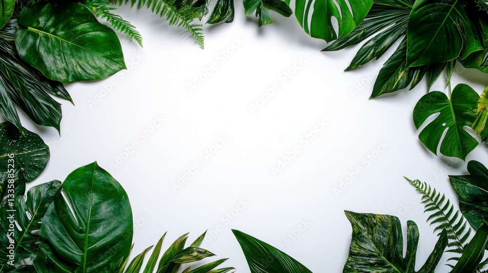 Fototapeta premium Lush Tropical Leaves Frame White Background Jungle Foliage Text Space High Resolution