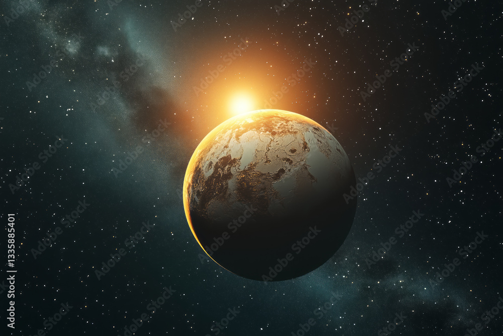Fototapeta premium An exoplanet with a rising star on the horizon against the background of a dark stellar cosmos
