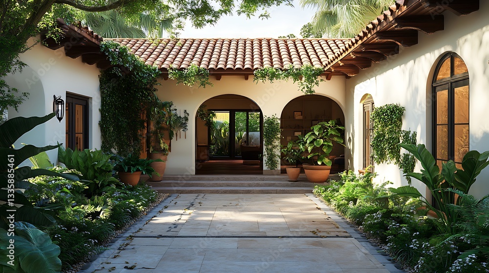 Fototapeta premium Walking Path Leading Through Lush Courtyard Garden with Arched Entrances