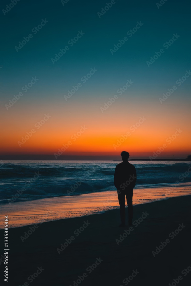person stands on beach at sunset, reflecting on horizon beauty person stands on beach at sunset, reflecting on horizon beauty