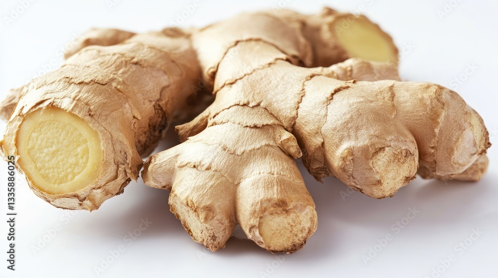 Fresh ginger root, close-up on white background. Possible use Food photography, health and wellness, cooking Fresh ginger root, close-up on white background. Possible use Food photography, health and wellness, cooking