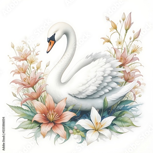 Wallpaper Mural Swan and pink lilies flowers watercolor illustration botanical painting, hand painted White Bird. Wildlife clipart Torontodigital.ca