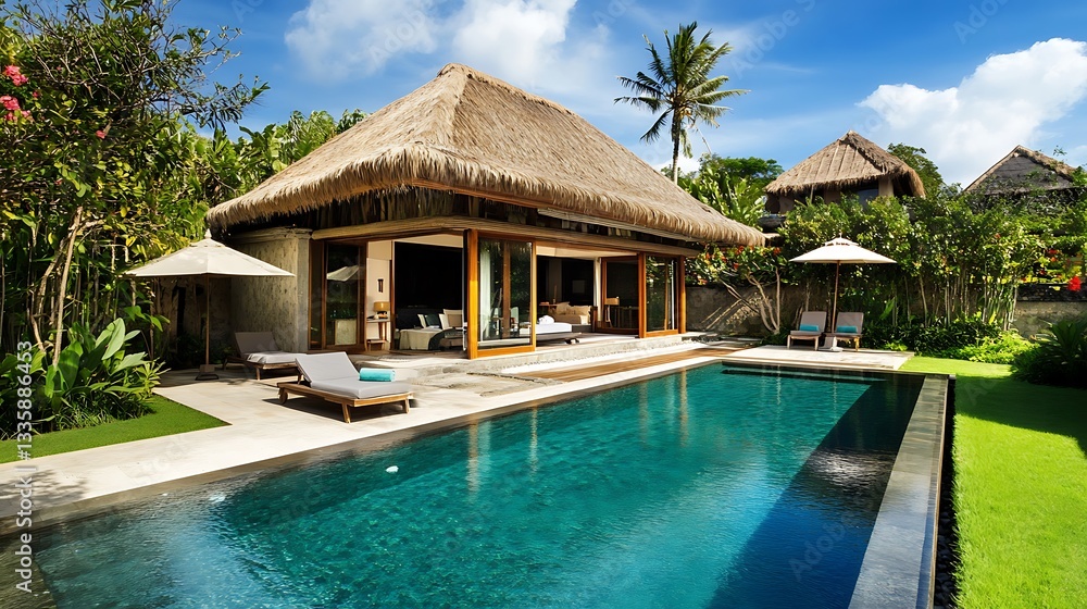 Fototapeta premium Luxury Villa with Swimming Pool in Tropical Landscape on Sunny Day