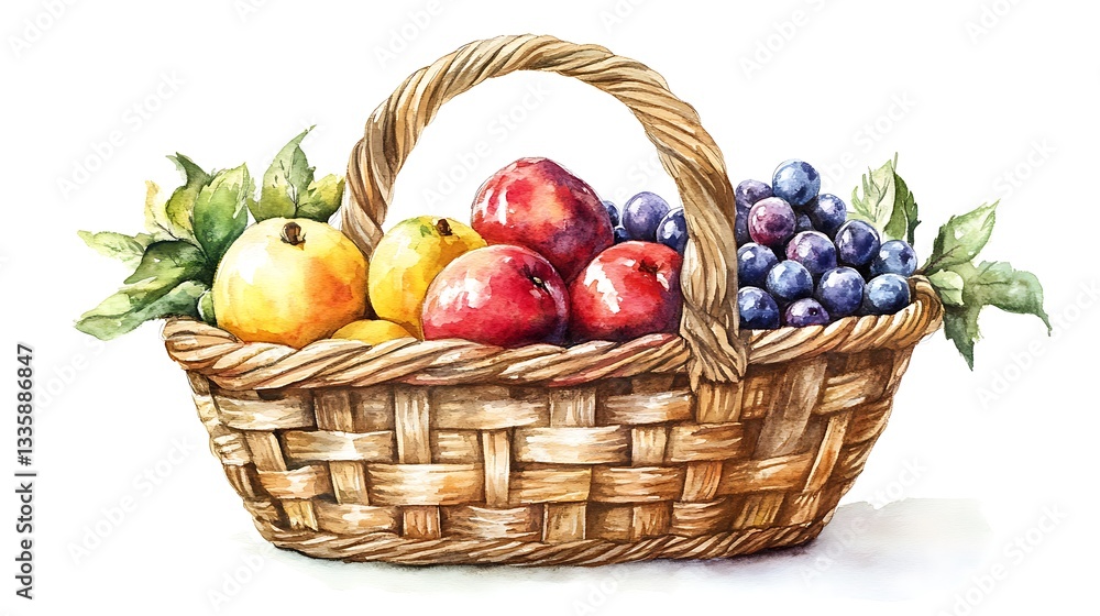 Watercolor Painting of Fruit Basket with Apples and Grapes Watercolor Painting of Fruit Basket with Apples and Grapes