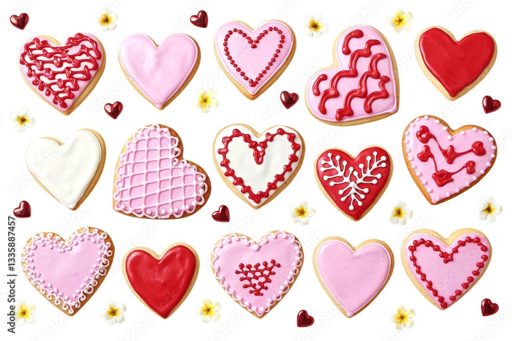A photo of a variety of heart-shaped cookies A photo of a variety of heart-shaped cookies
