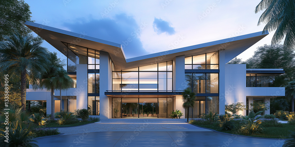 Fototapeta premium A modern mansion with a large entrance, symmetrical design, triangular roofline, white stone facade, tall windows.