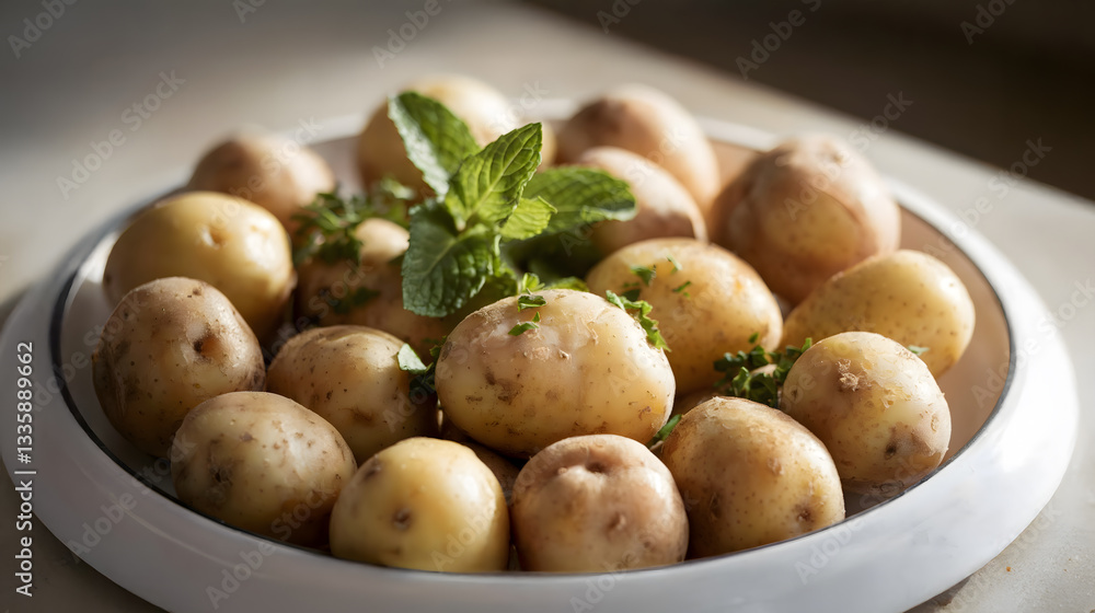 Potatoes with glossy, pale skin and flecks of dirt shine in a rustic display, offering earthy freshness and wholesome appeal in a natural, farm-inspired scene Potatoes with glossy, pale skin and flecks of dirt shine in a rustic display, offering earthy freshness and wholesome appeal in a natural, farm-inspired scene