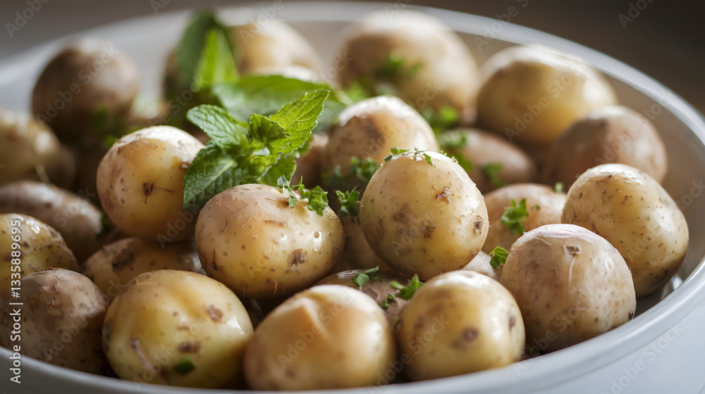 Potatoes with glossy, pale skin and flecks of dirt shine in a rustic display, offering earthy freshness and wholesome appeal in a natural, farm-inspired scene Potatoes with glossy, pale skin and flecks of dirt shine in a rustic display, offering earthy freshness and wholesome appeal in a natural, farm-inspired scene