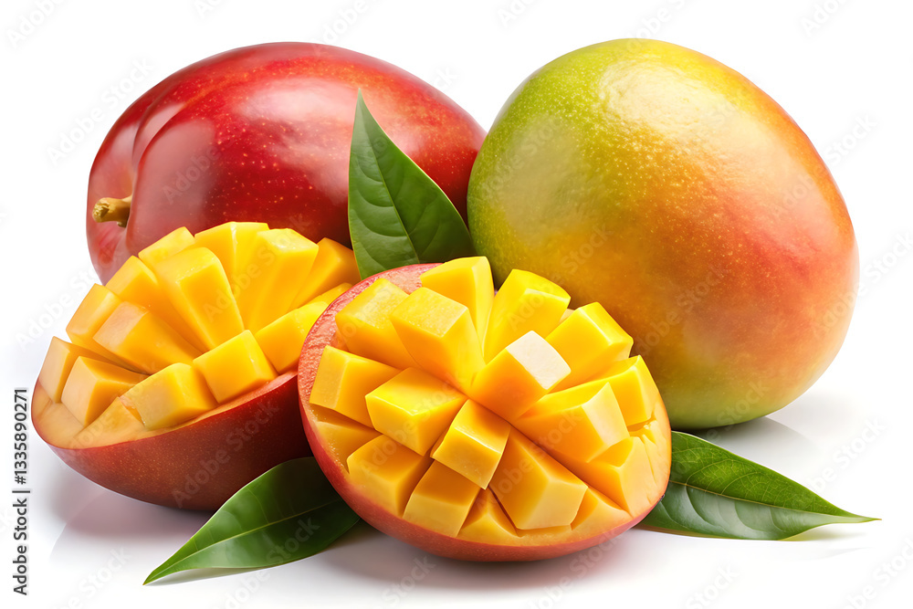 A ripe mango with leaves on a white background showcasing its fresh and juicy tropical appeal. A ripe mango with leaves on a white background showcasing its fresh and juicy tropical appeal.