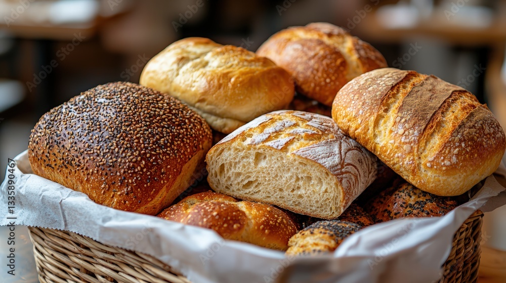 Freshly baked artisan bread in a rustic basket ready to be served at a cozy family gathering Freshly baked artisan bread in a rustic basket ready to be served at a cozy family gathering