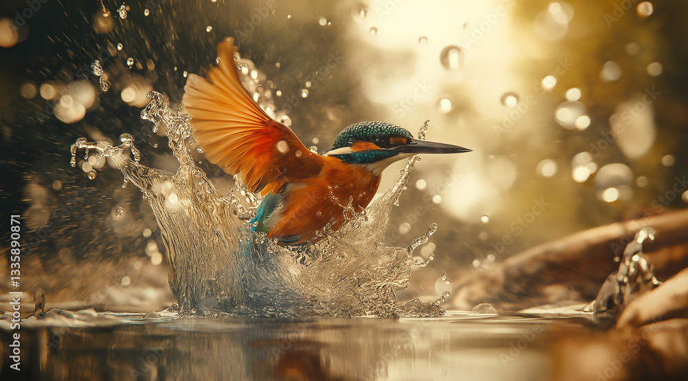 Naklejka premium A kingfisher diving into the water with wings spread.