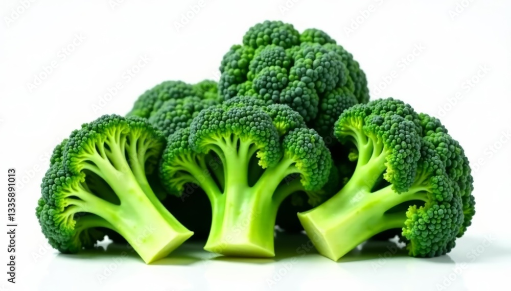 Fresh broccoli florets with intricate textures, isolated on white background, vegan, plant-based Fresh broccoli florets with intricate textures, isolated on white background, vegan, plant-based