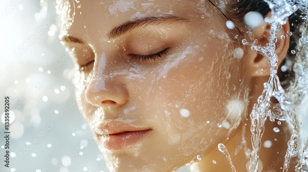 Close-up of woman's face, water splashing. Ideal for beauty, skincare, and hydration ads. Close-up of woman's face, water splashing. Ideal for beauty, skincare, and hydration ads.