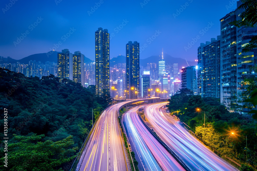 Naklejka premium A city skyline at night with the lights of cars and trucks on an overpass