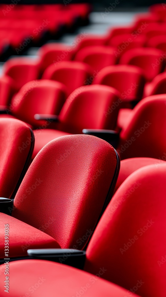 Obraz premium Rows of vibrant red theatre seats in an empty auditorium