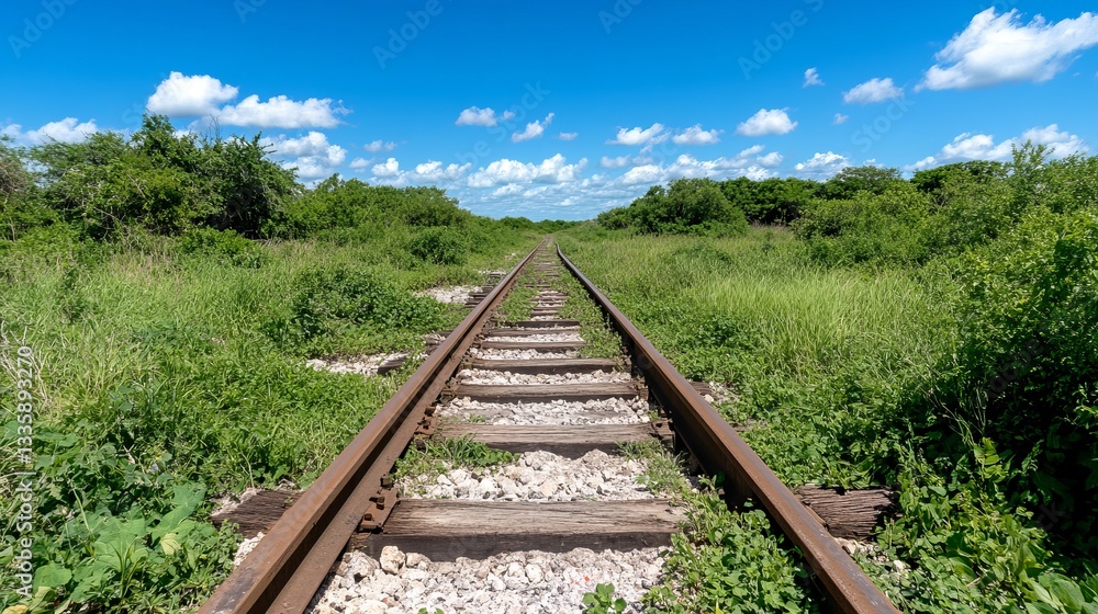 Fototapeta premium Rustic railway tracks stretching into verdant countryside under bright blue sky