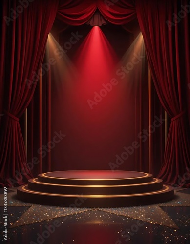 Opulent stage with draped red velvet curtains, ready for grand performances