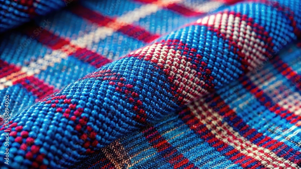 Vibrant Textured Fabric in a Striking Blue, Red, and White Plaid Pattern with a Close-Up View Highlighting the Intricate Weave Vibrant Textured Fabric in a Striking Blue, Red, and White Plaid Pattern with a Close-Up View Highlighting the Intricate Weave