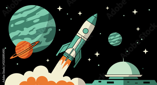 Fantastic sticker in orange-green tones. Sci-fi poster with space rocket launches from alien planet.	EPS 10 version.