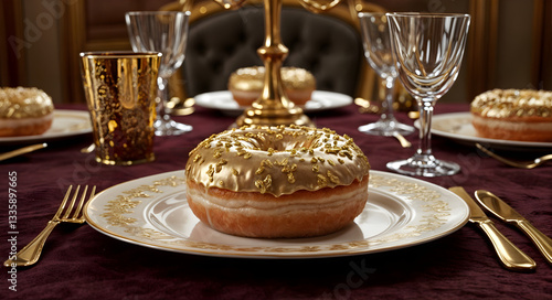 Luxurious Gold-Covered Donut on an Elegant Dining Table with Fine China and Crystal Glassware