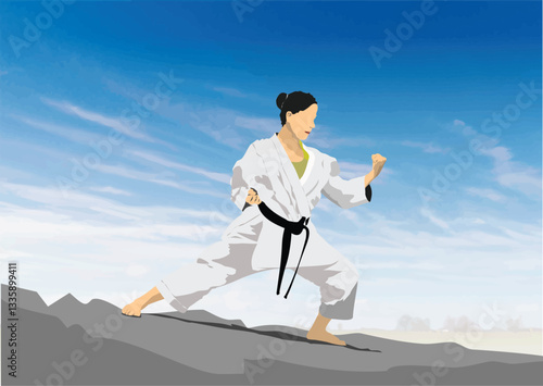 011-20-Woman practicing karate in the mountains wearing a white kimono and black belt