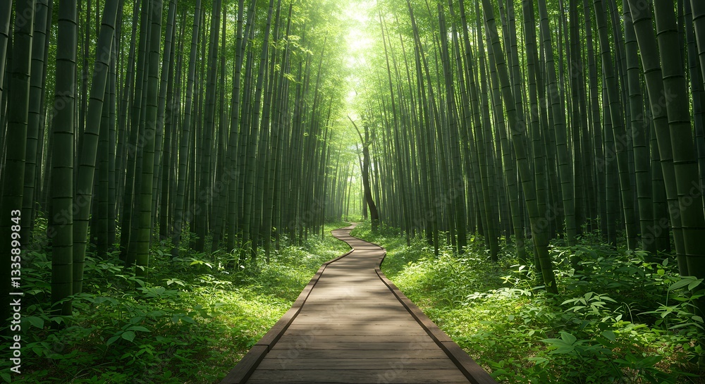 Obraz premium Forest with Sunlight Rays on Misty Path