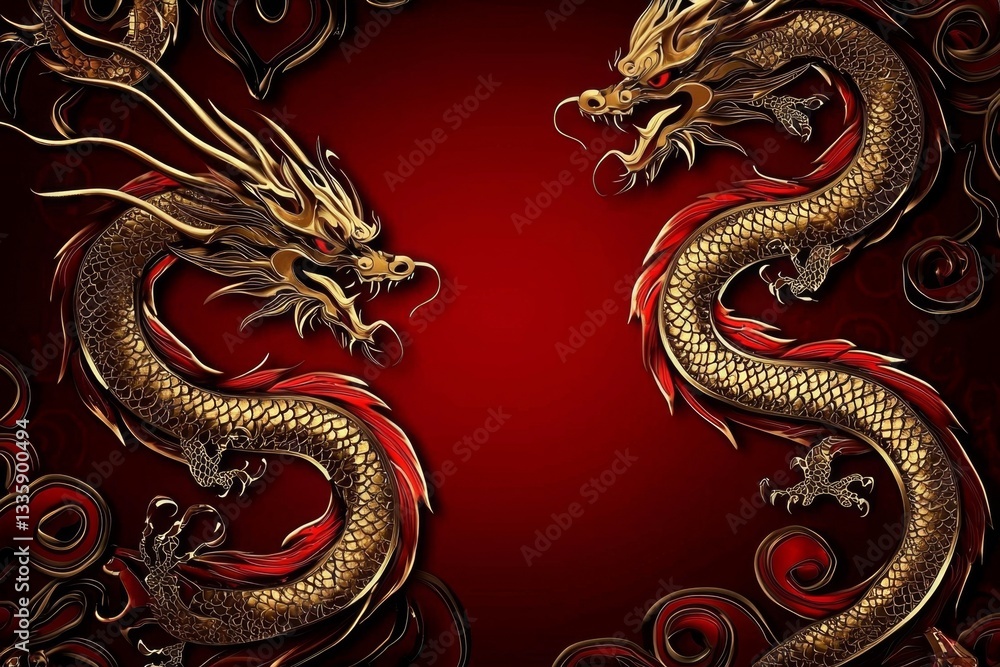 Obraz premium Vibrant red dragon design set against a striking red backdrop.